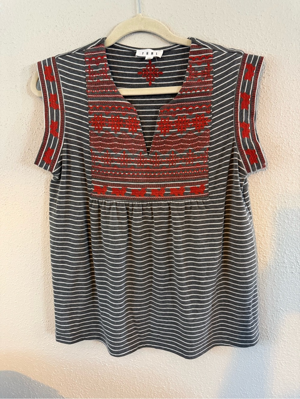 (M) THML Gray Striped Cap-Sleeve Top with Red Embroidered Yoke